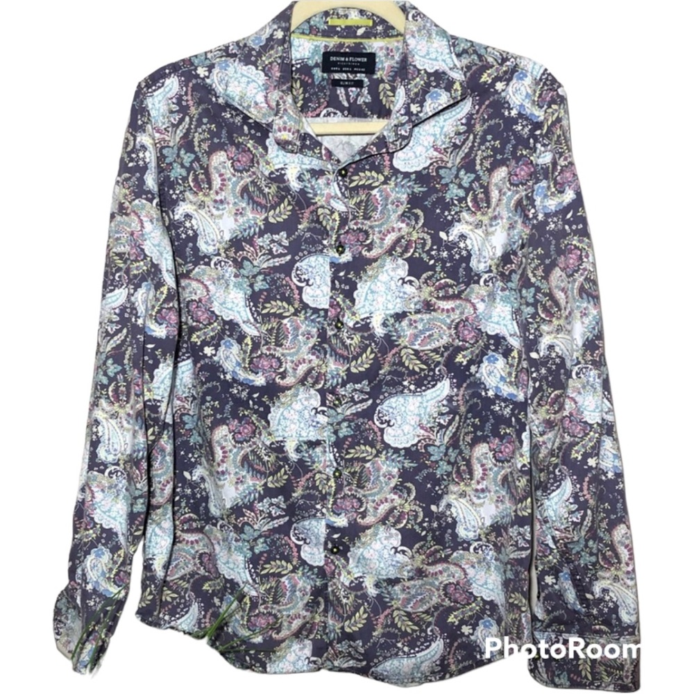 Mens Denim & Flower Purple Paisley Slim Fit Button Shirt L